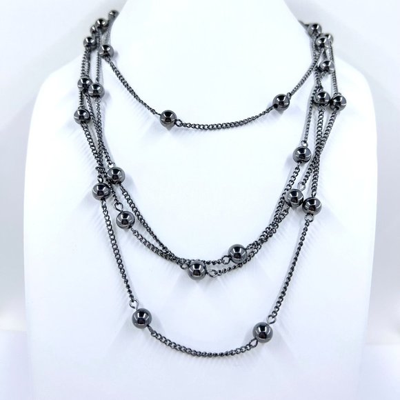 Simple Single Strand Gunmetal Tone Metal Bead & Chain 68” Necklace - Picture 2 of 6